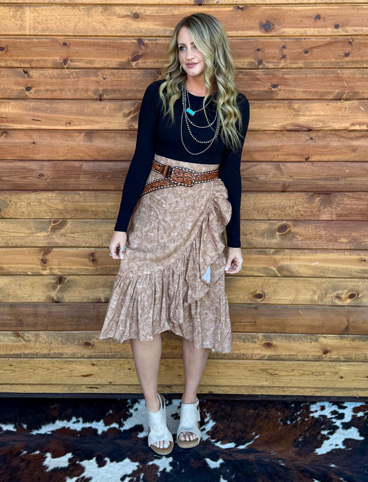 Saddle Up Ruffle Skirt *Tan