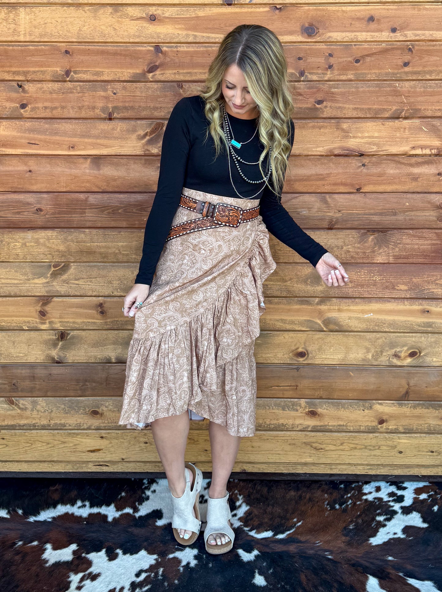 Saddle Up Ruffle Skirt *Tan