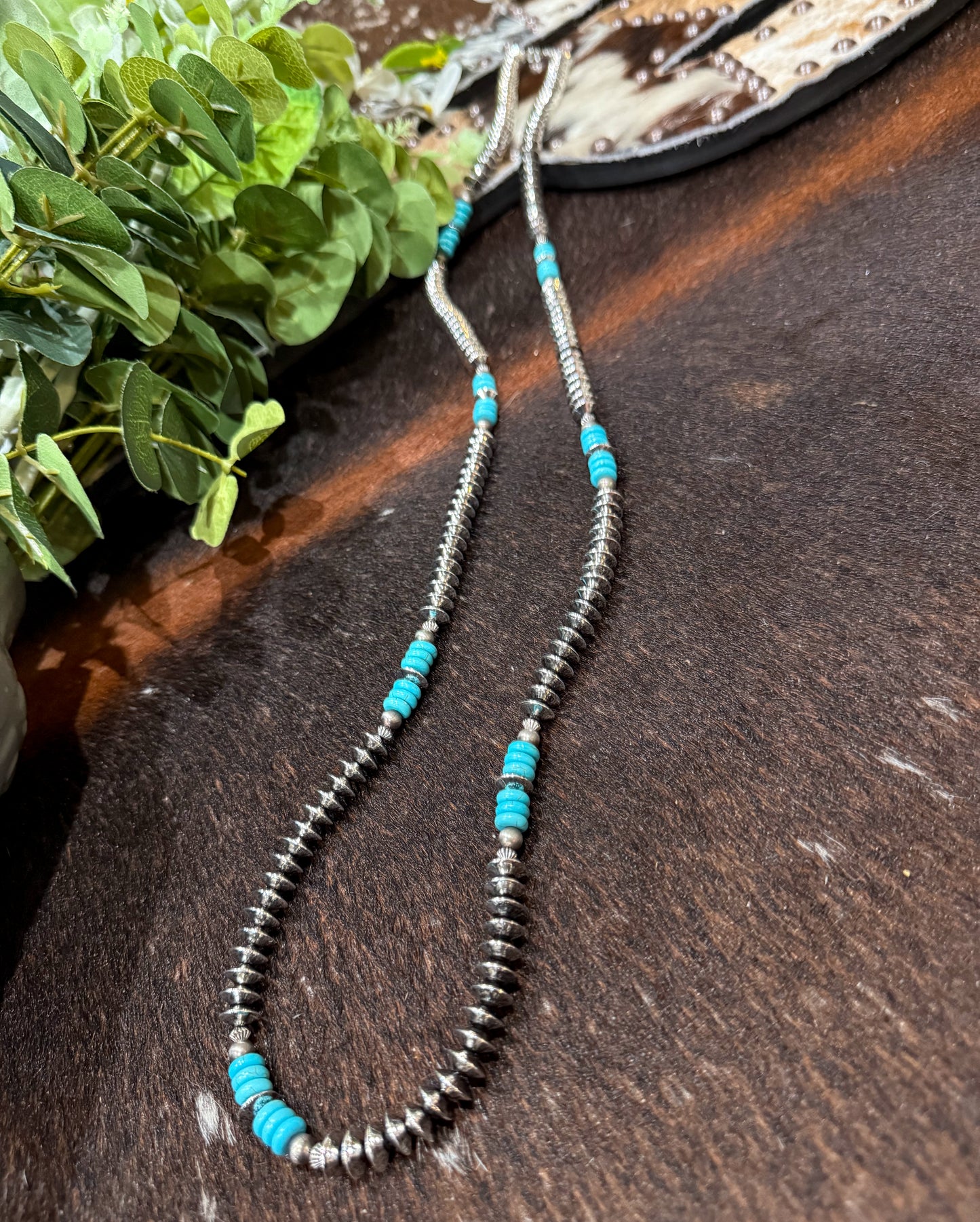 40” Silver Disc & Turquoise Necklace