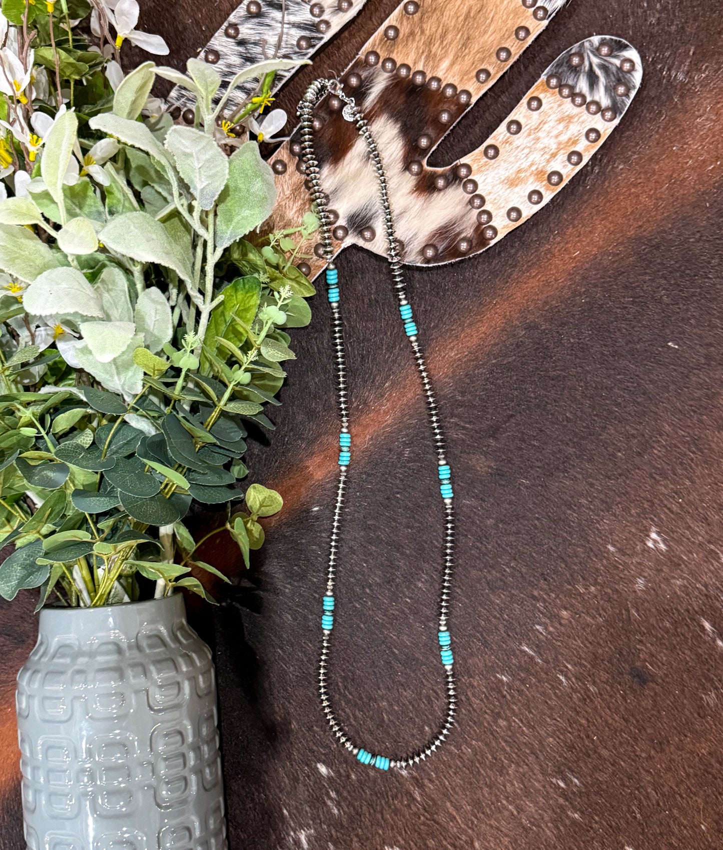 40” Silver Disc & Turquoise Necklace