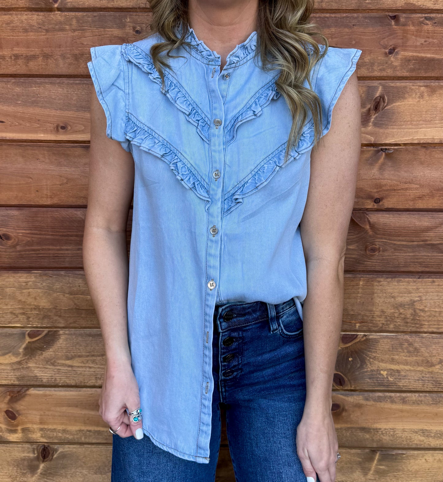 The Ruffled Cowgirl Blouse *Light Blue