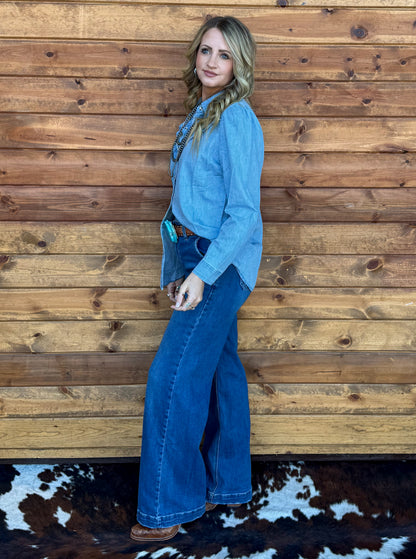 Rowdy Ruffles Denim Top *Light Wash