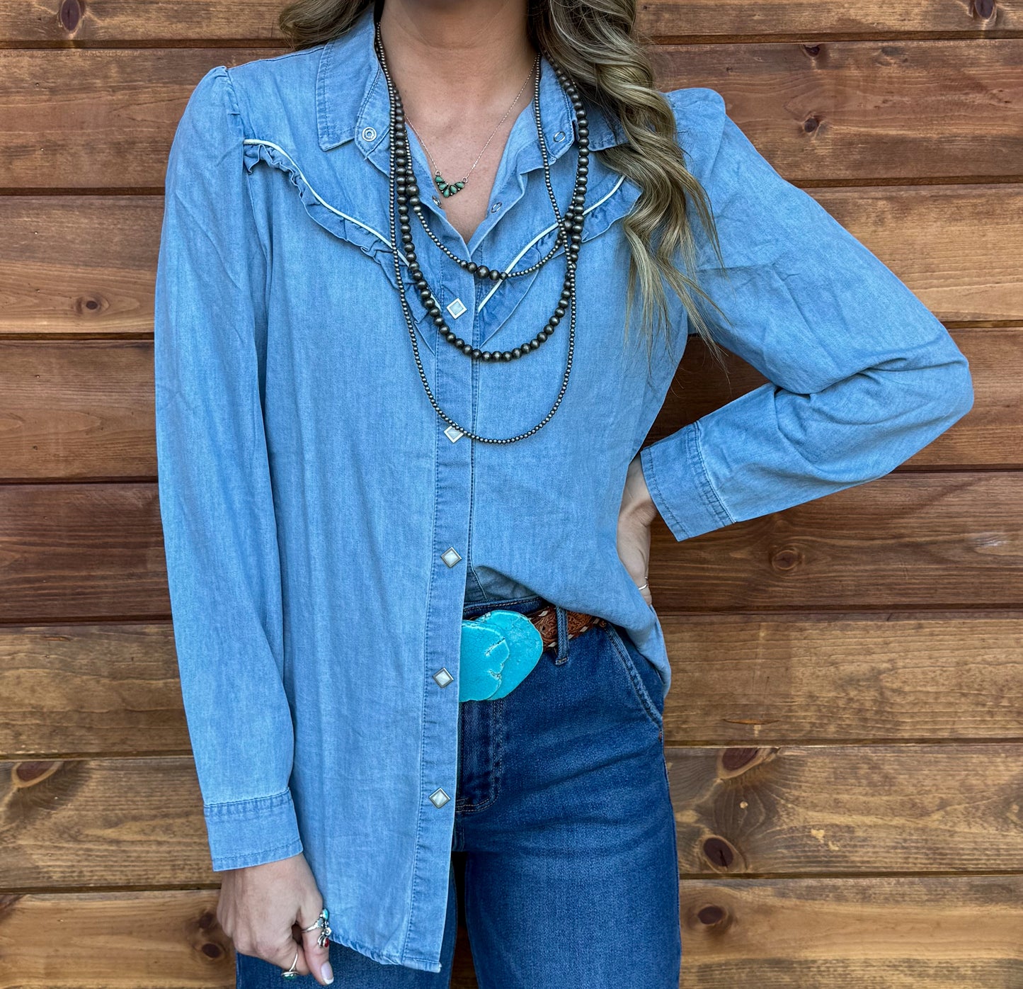 Rowdy Ruffles Denim Top *Light Wash