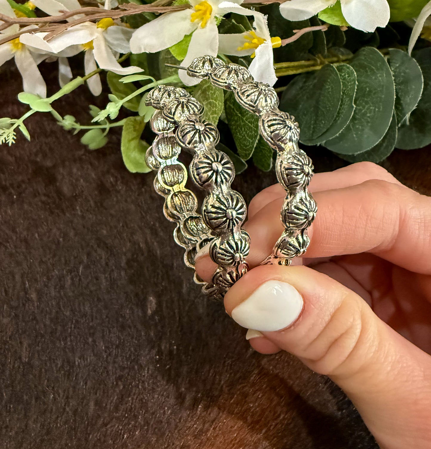 Burnished Silver Concho Hoop Earrings