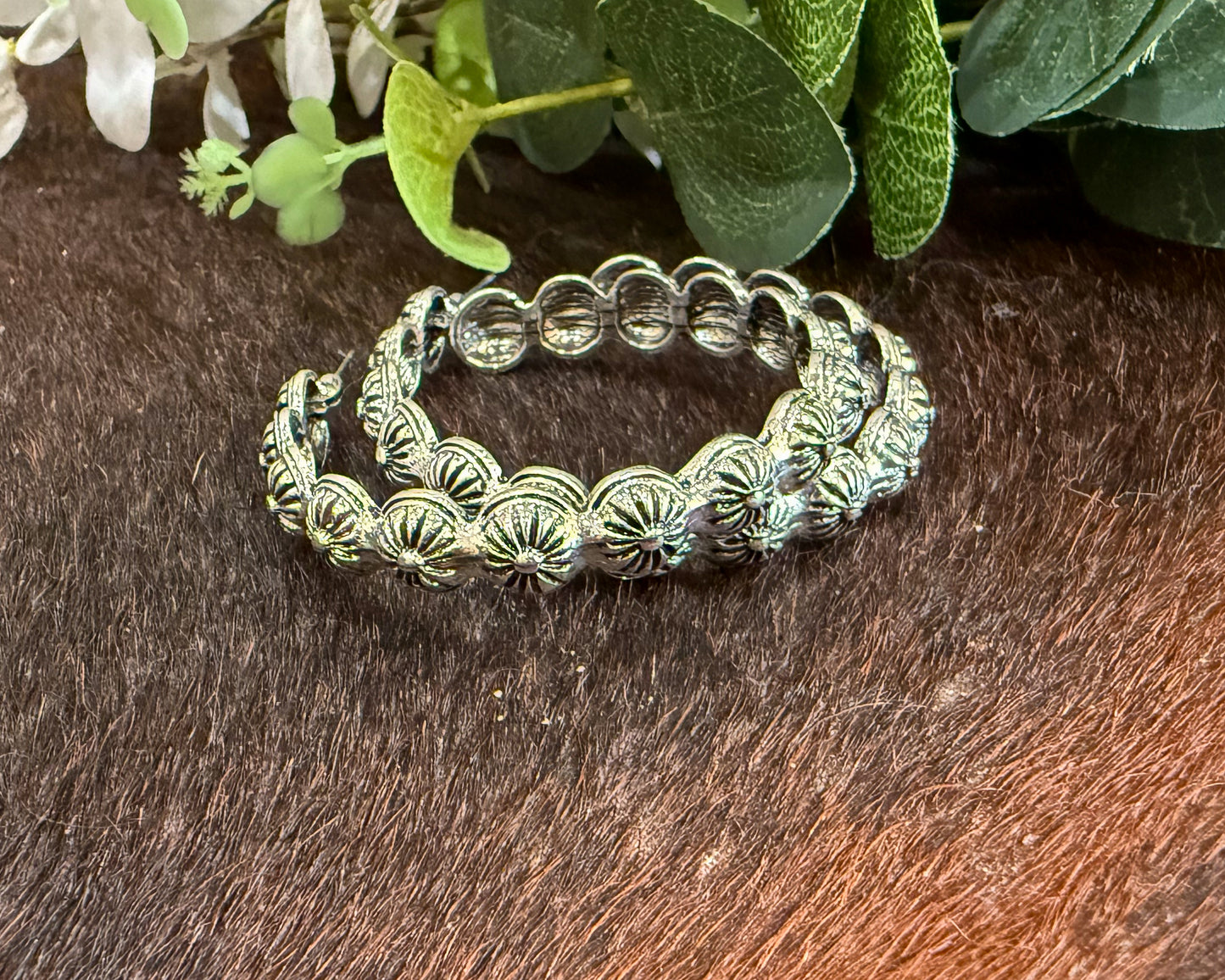 Burnished Silver Concho Hoop Earrings