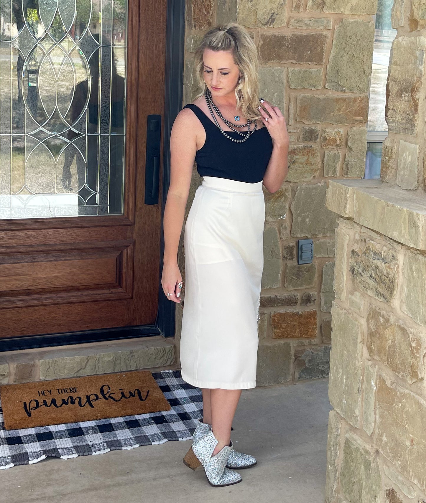 Ivory Rhinestone Midi Skirt