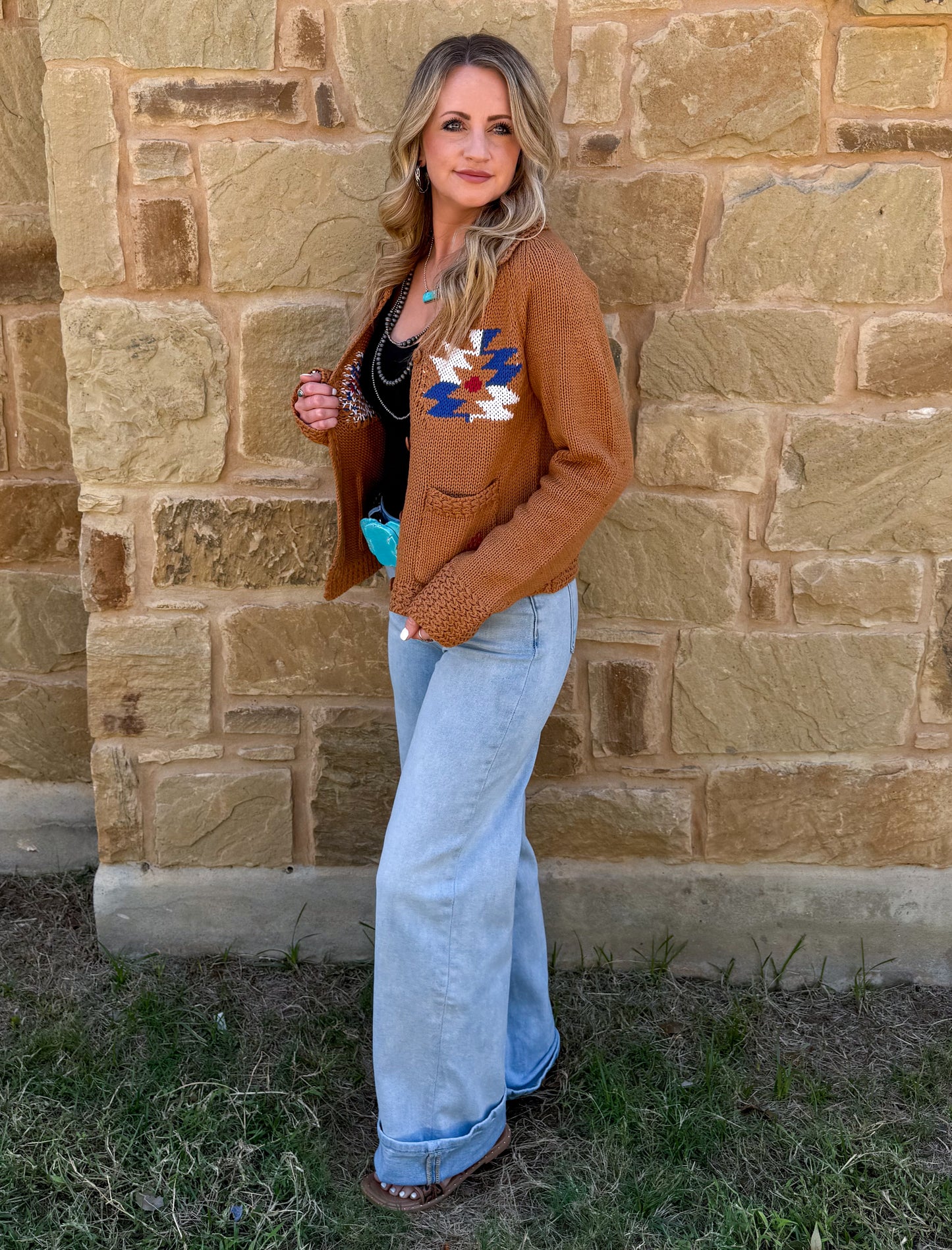 Rusty Aztec Knit Cardigan