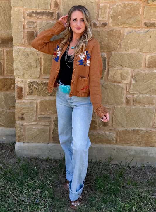 Rusty Aztec Knit Cardigan