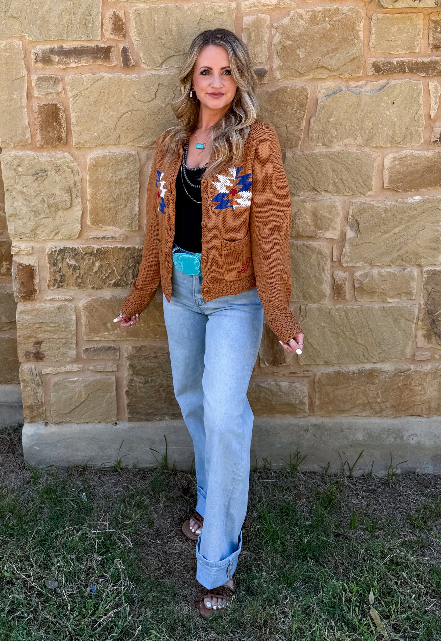 Rusty Aztec Knit Cardigan