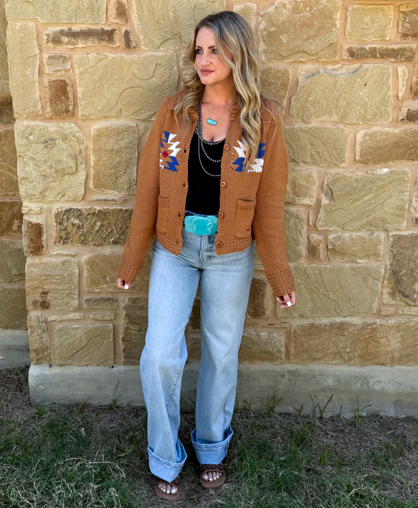 Rusty Aztec Knit Cardigan