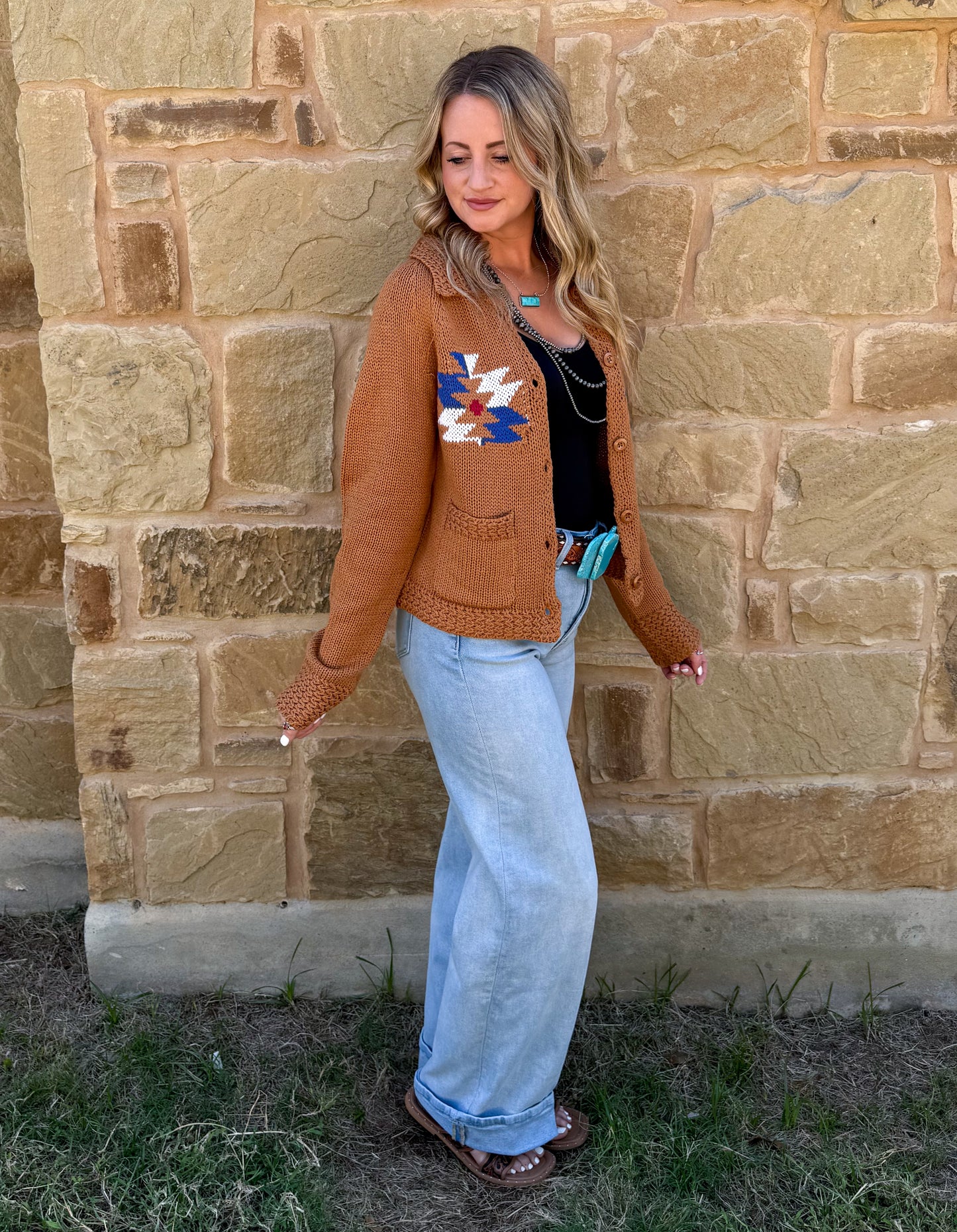 Rusty Aztec Knit Cardigan