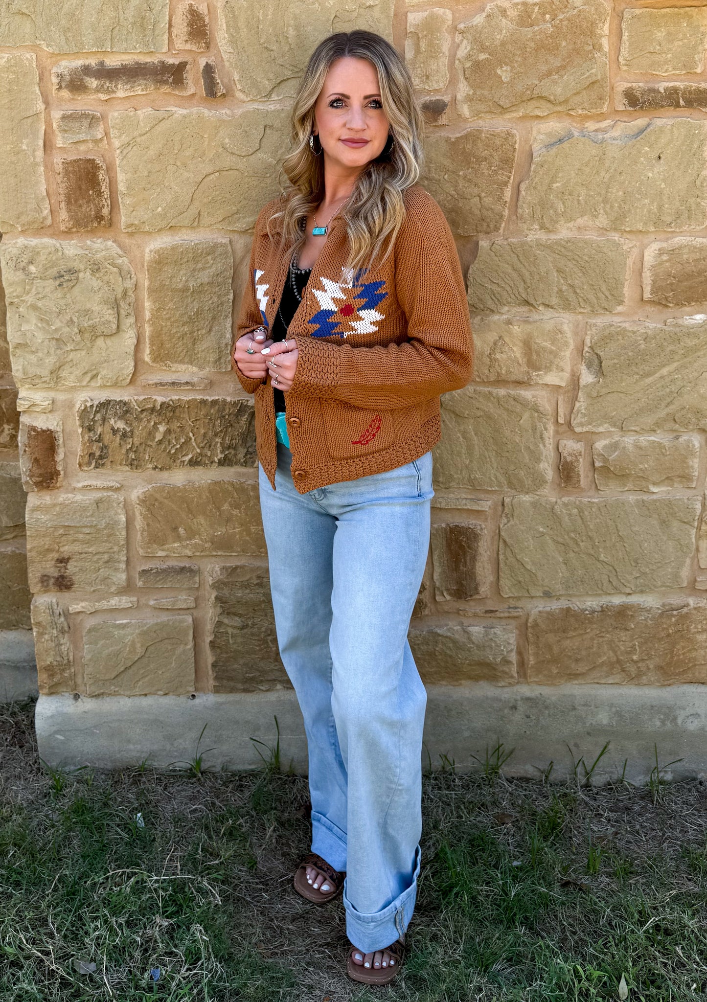 Rusty Aztec Knit Cardigan