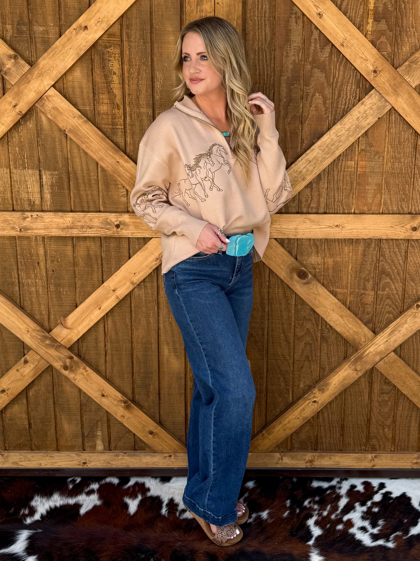 Galloping Horses Embroidered Pullover
