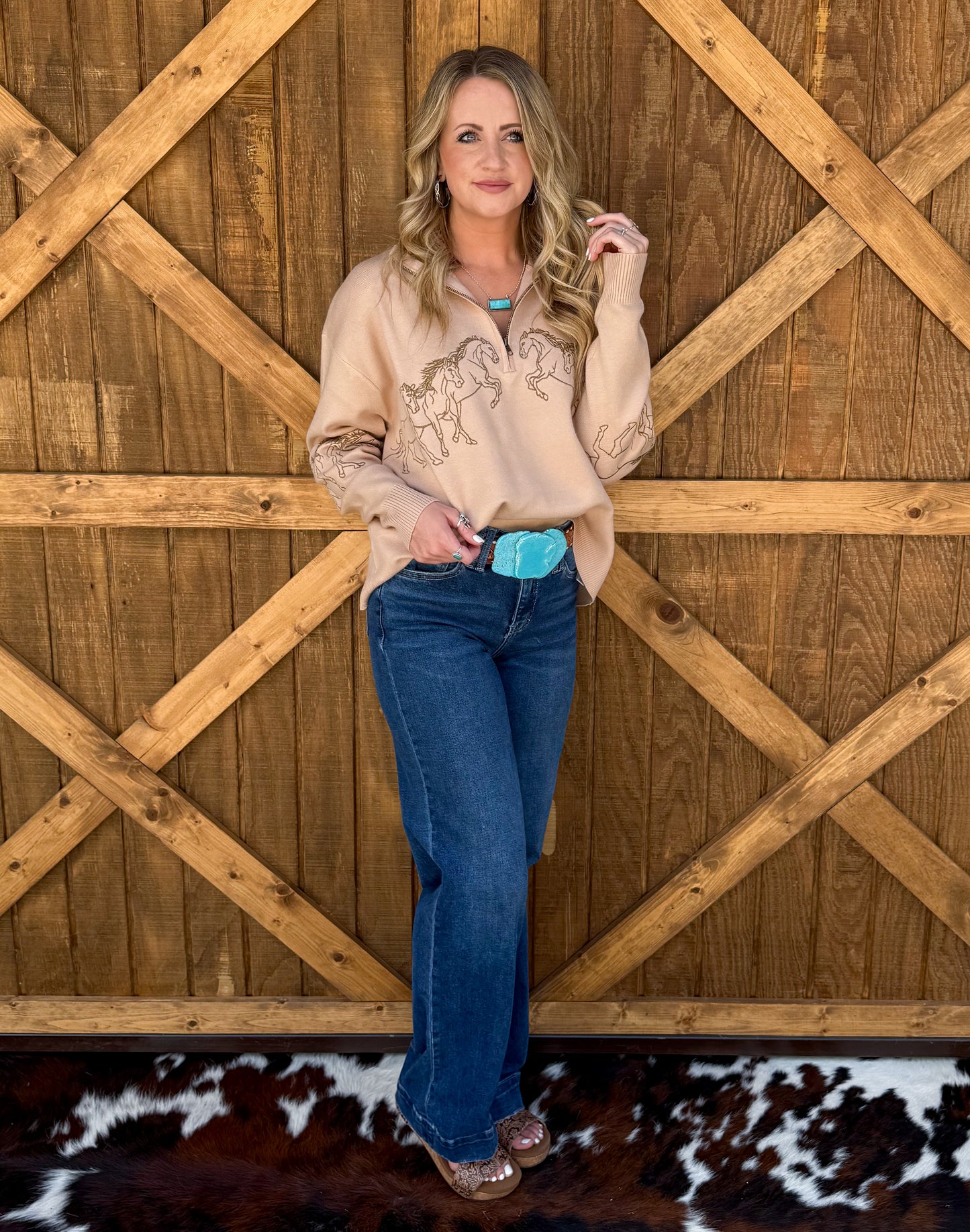 Galloping Horses Embroidered Pullover