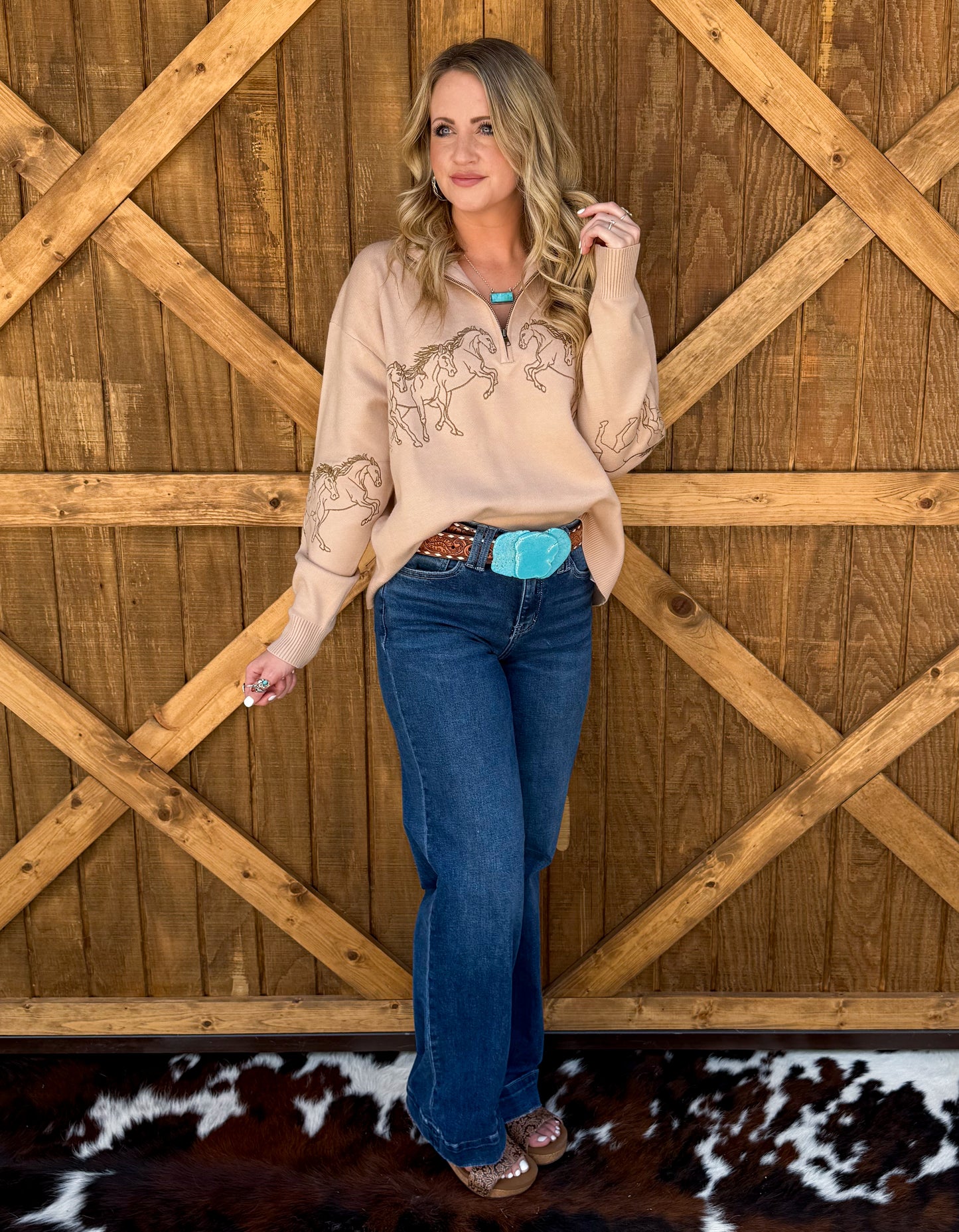 Galloping Horses Embroidered Pullover