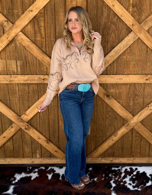 Galloping Horses Embroidered Pullover