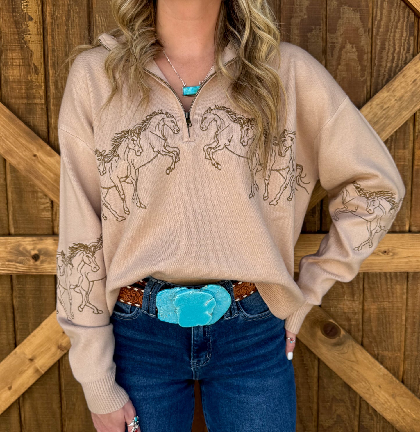 Galloping Horses Embroidered Pullover