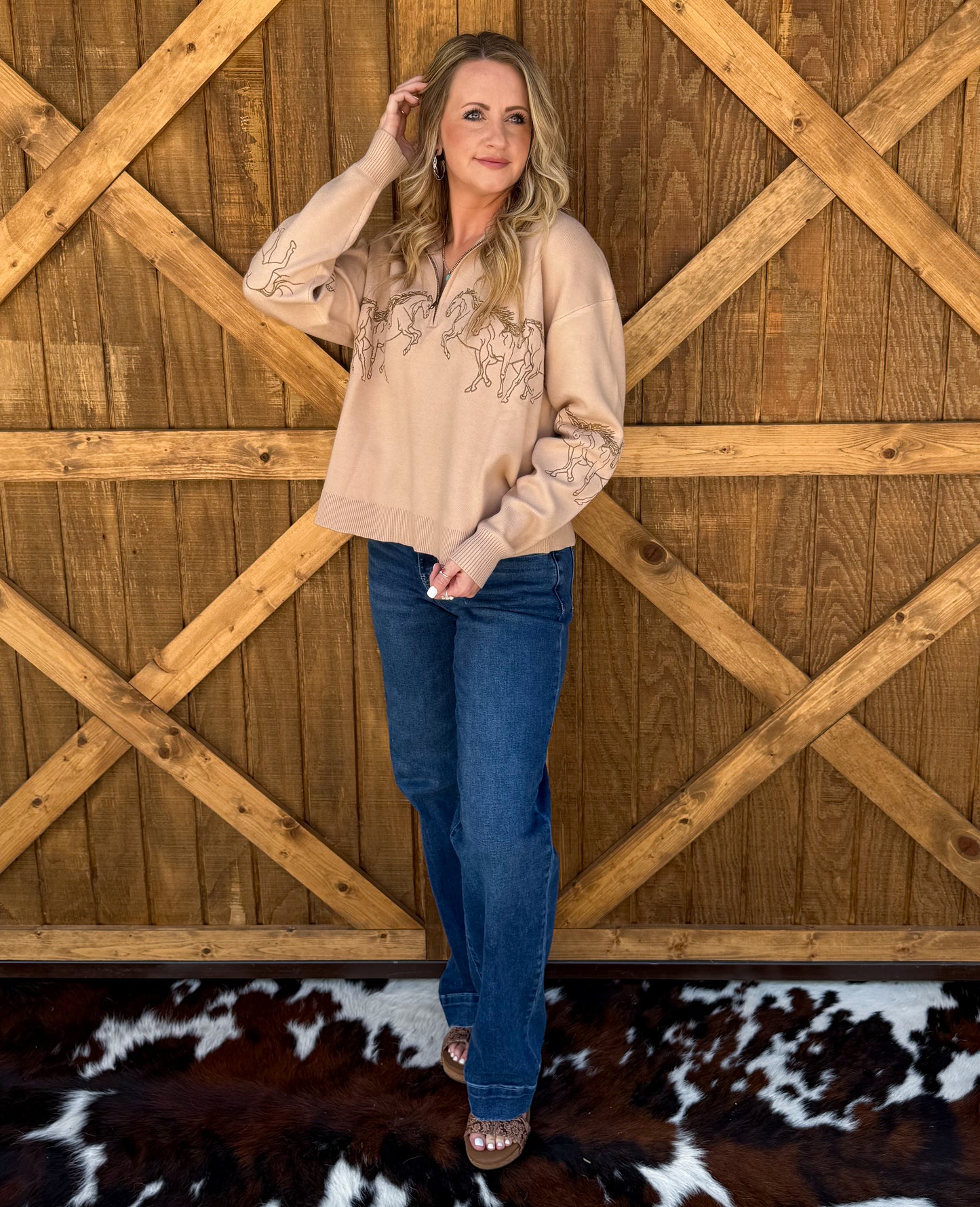 Galloping Horses Embroidered Pullover