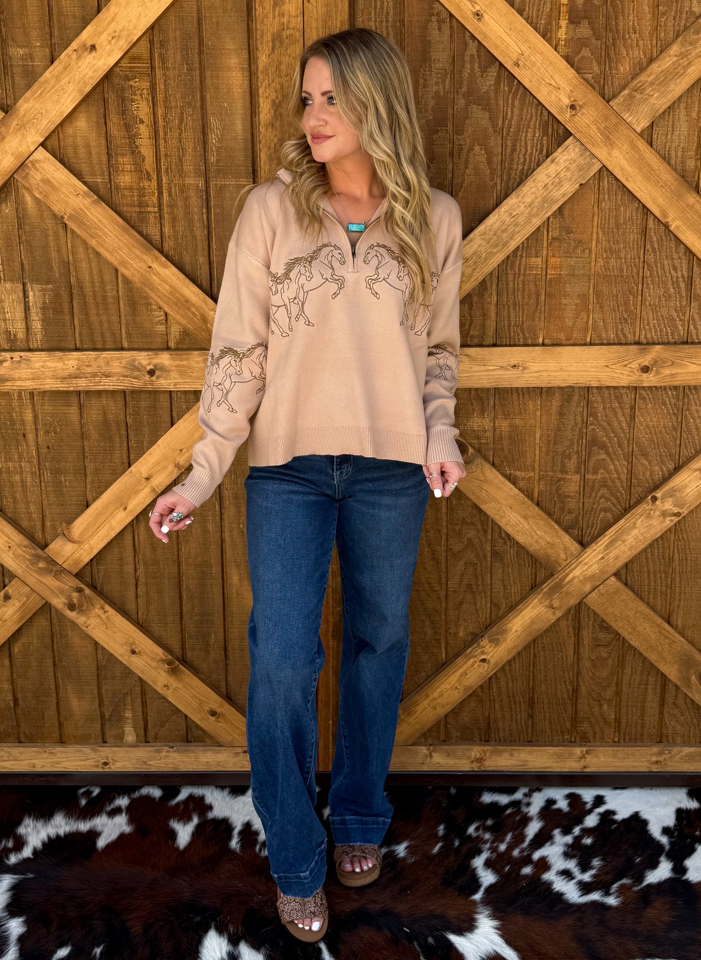 Galloping Horses Embroidered Pullover