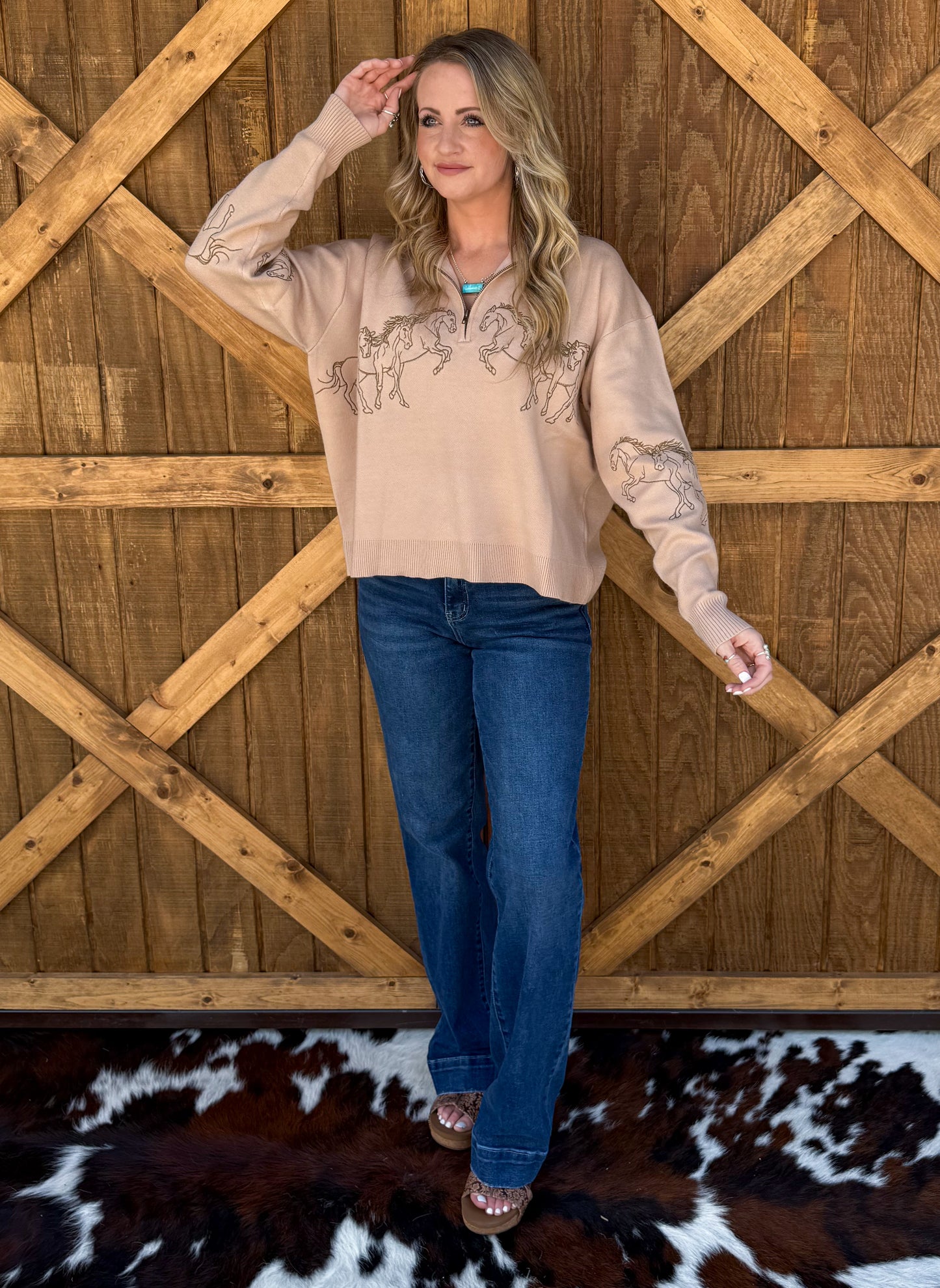 Galloping Horses Embroidered Pullover