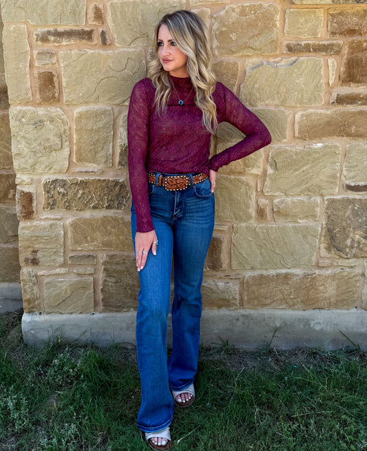 Aztec Embroidered Lace Mesh Top *Burgundy