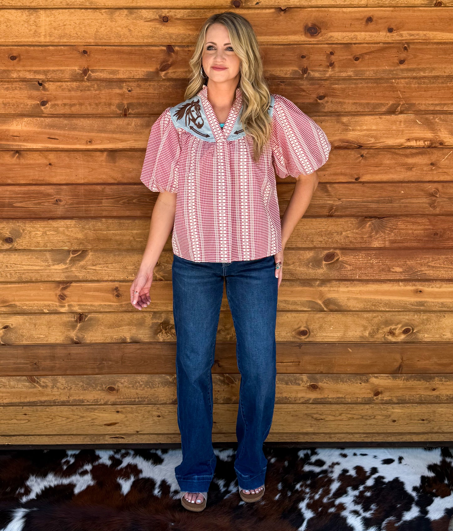 Western Horse Gingham Blouse