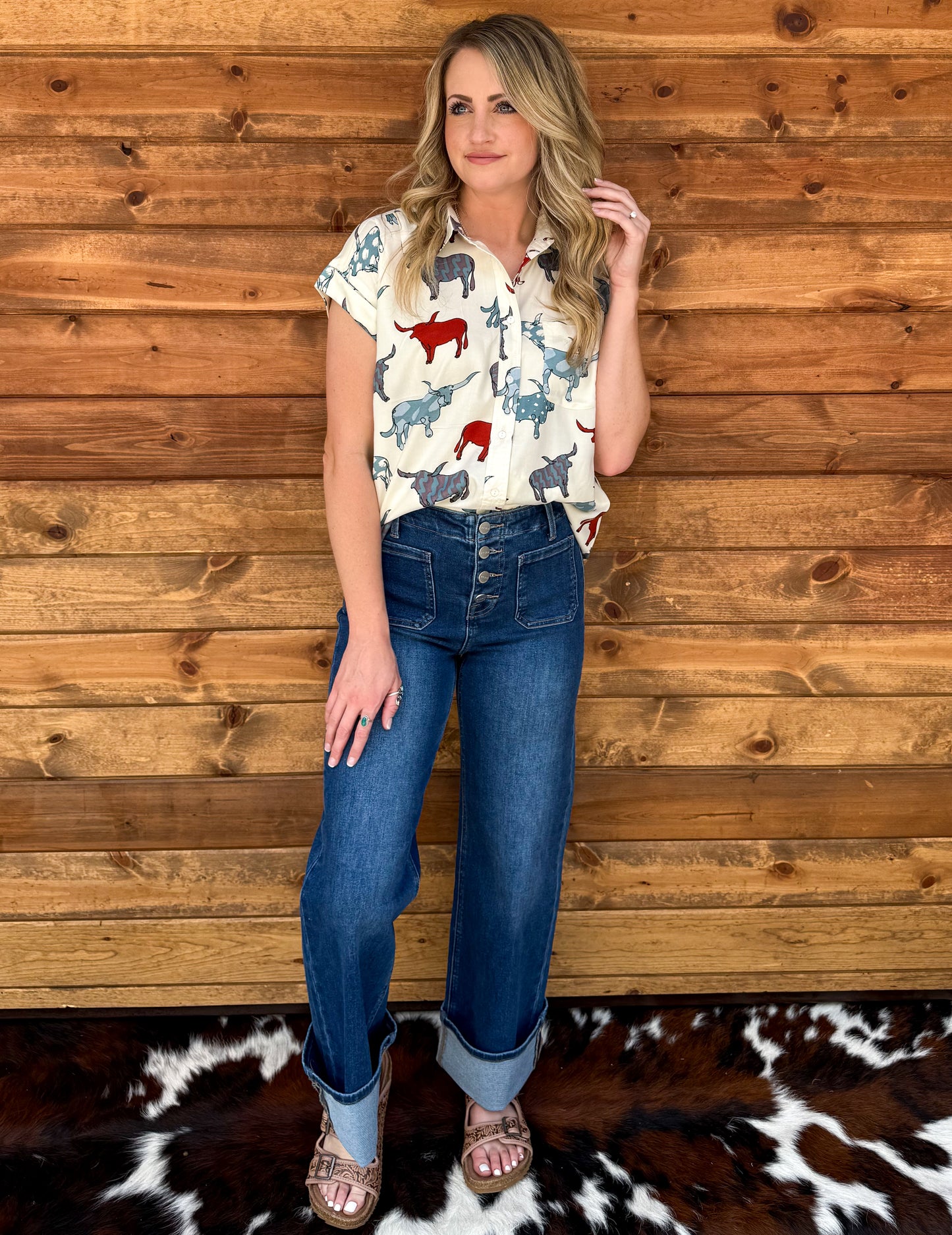 Longhorn Button-Up Top *White