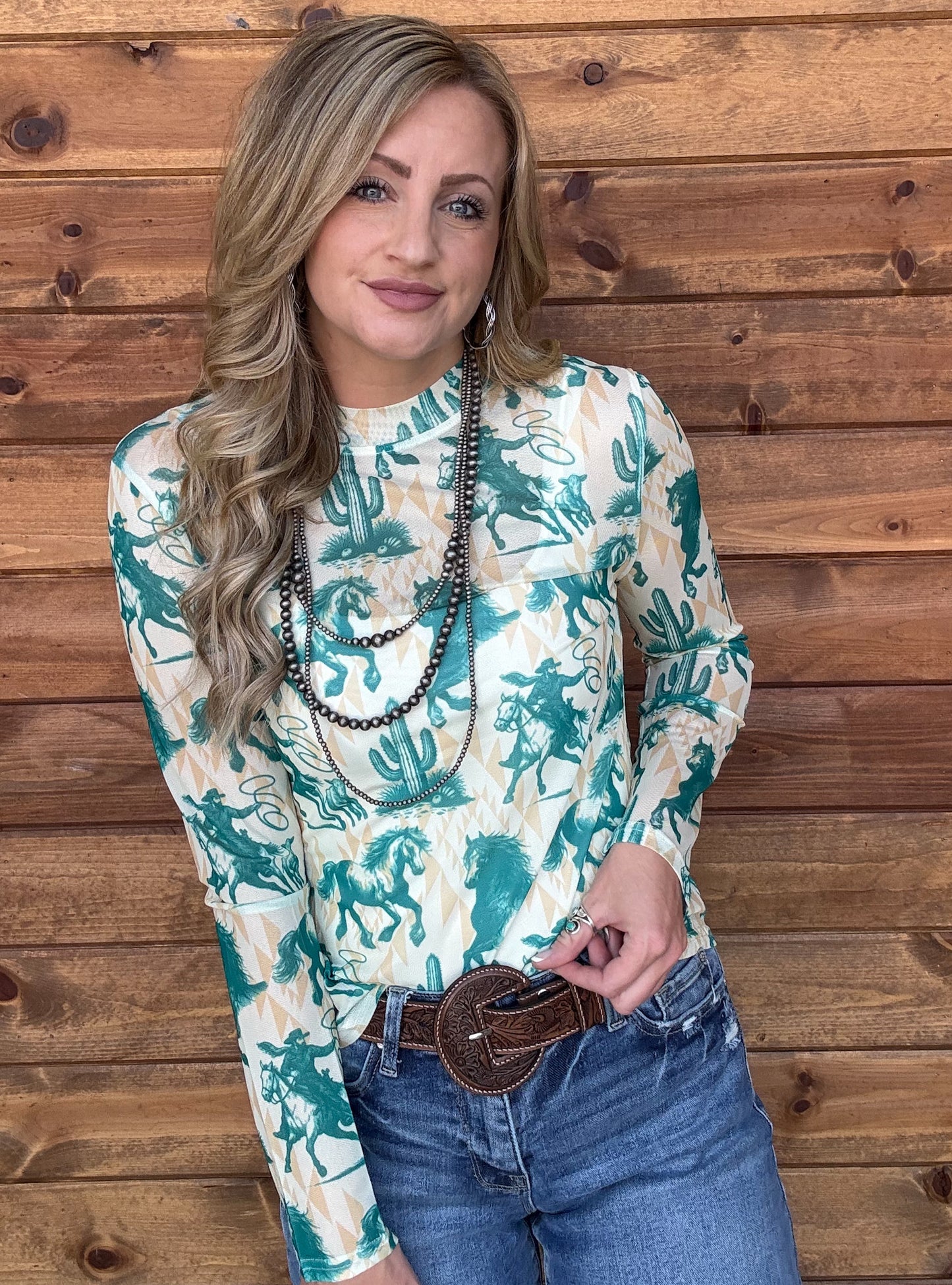 Turquoise Horses Mesh Top