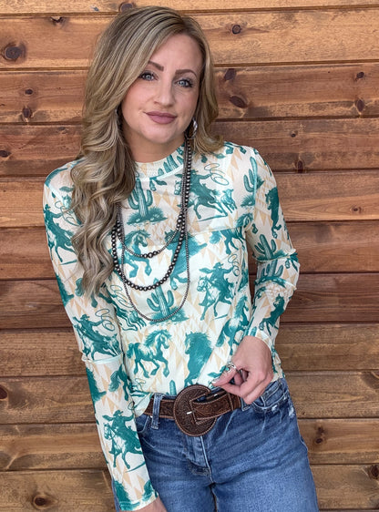 Turquoise Horses Mesh Top