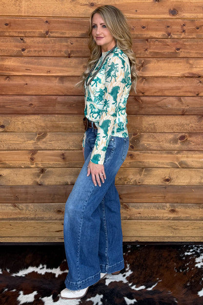 Turquoise Horses Mesh Top