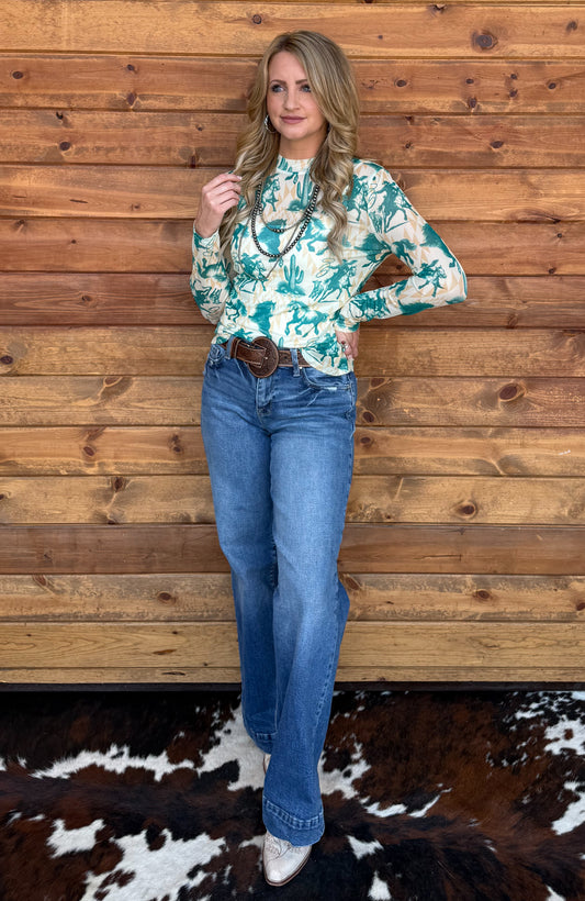 Turquoise Horses Mesh Top