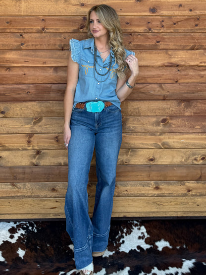 Yeehaw Boot Stitch Denim Top