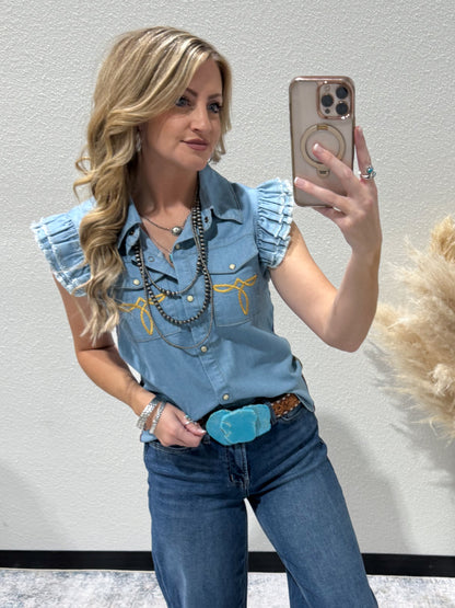 Yeehaw Boot Stitch Denim Top