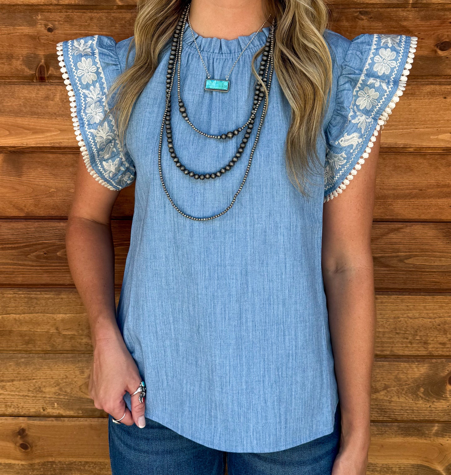 Blue Floral Embroidered Top