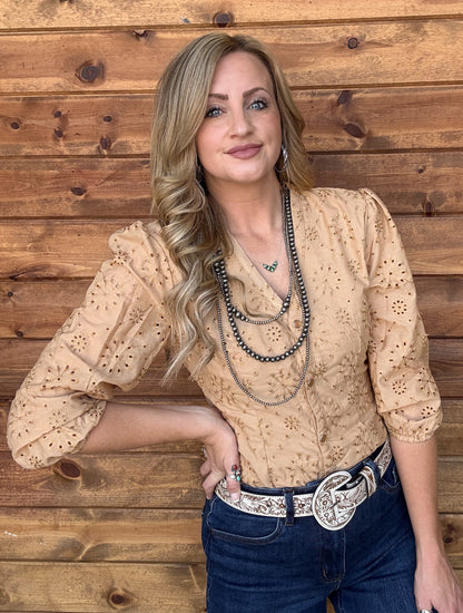 Rustic Floral Eyelet Bodysuit *Camel