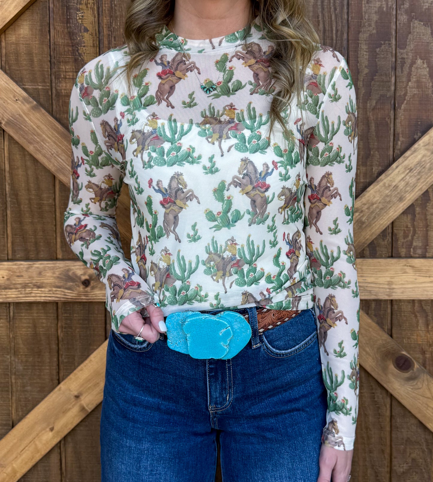 Vintage Cactus Cowboy Mesh Top