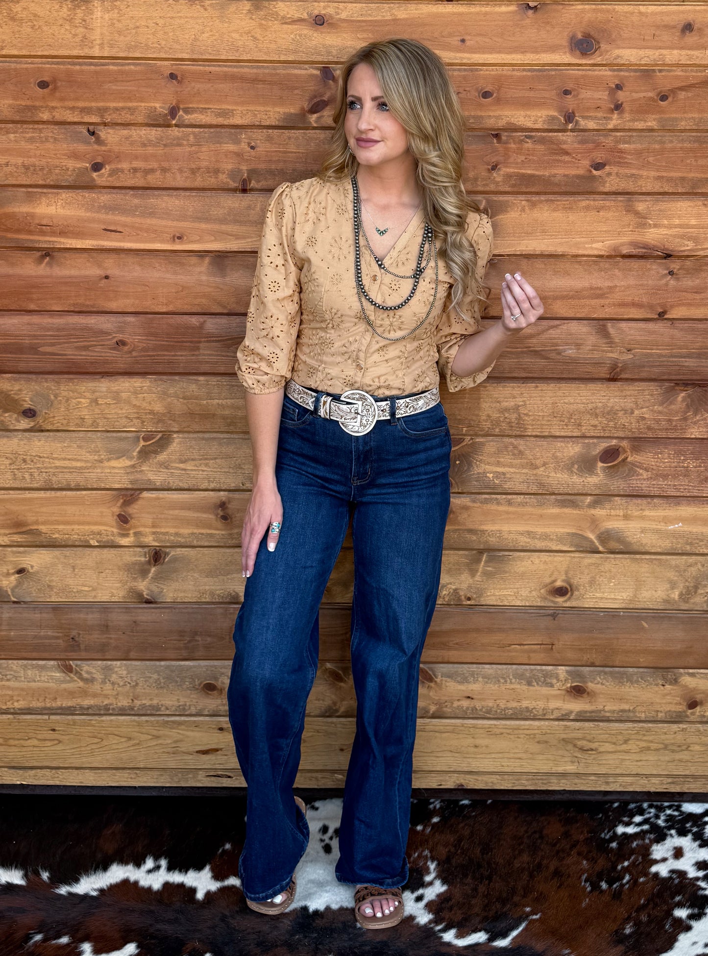 Rustic Floral Eyelet Bodysuit *Camel