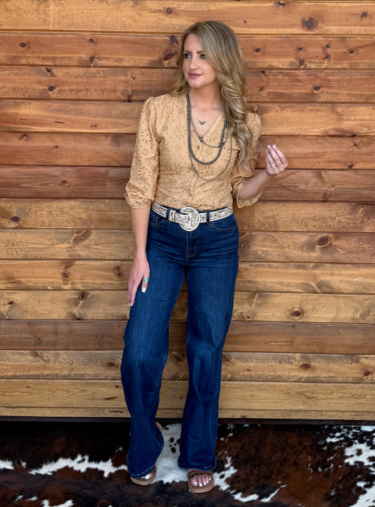 Rustic Floral Eyelet Bodysuit *Camel
