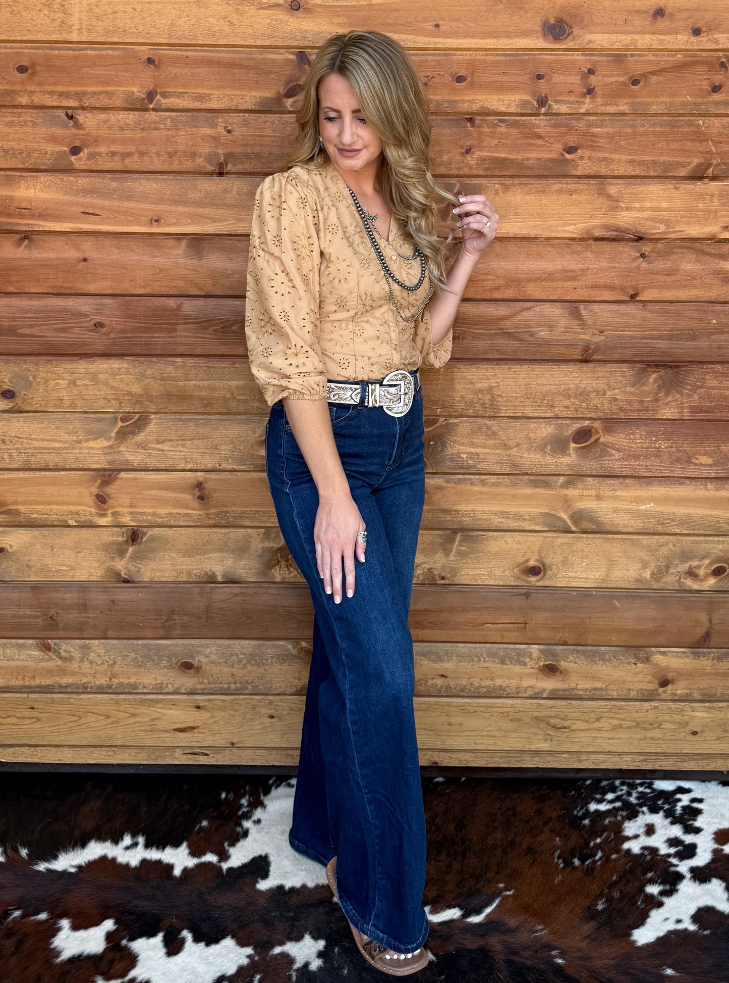 Rustic Floral Eyelet Bodysuit *Camel