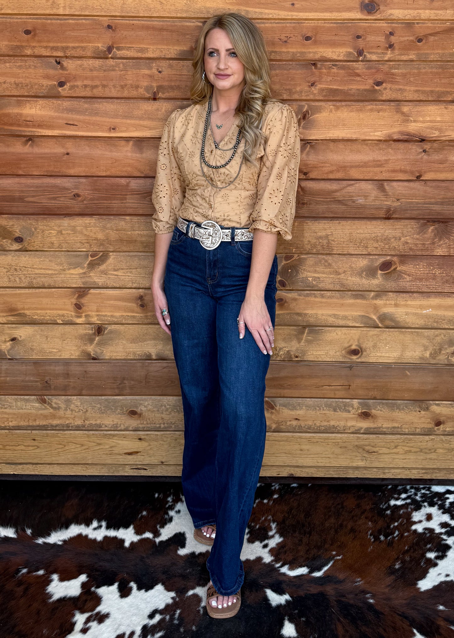 Rustic Floral Eyelet Bodysuit *Camel
