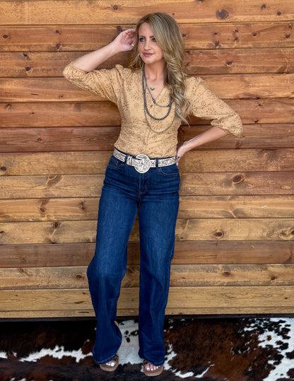Rustic Floral Eyelet Bodysuit *Camel