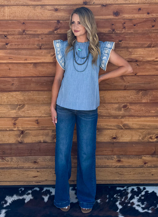 Blue Floral Embroidered Top