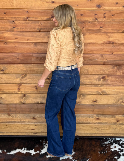 Rustic Floral Eyelet Bodysuit *Camel