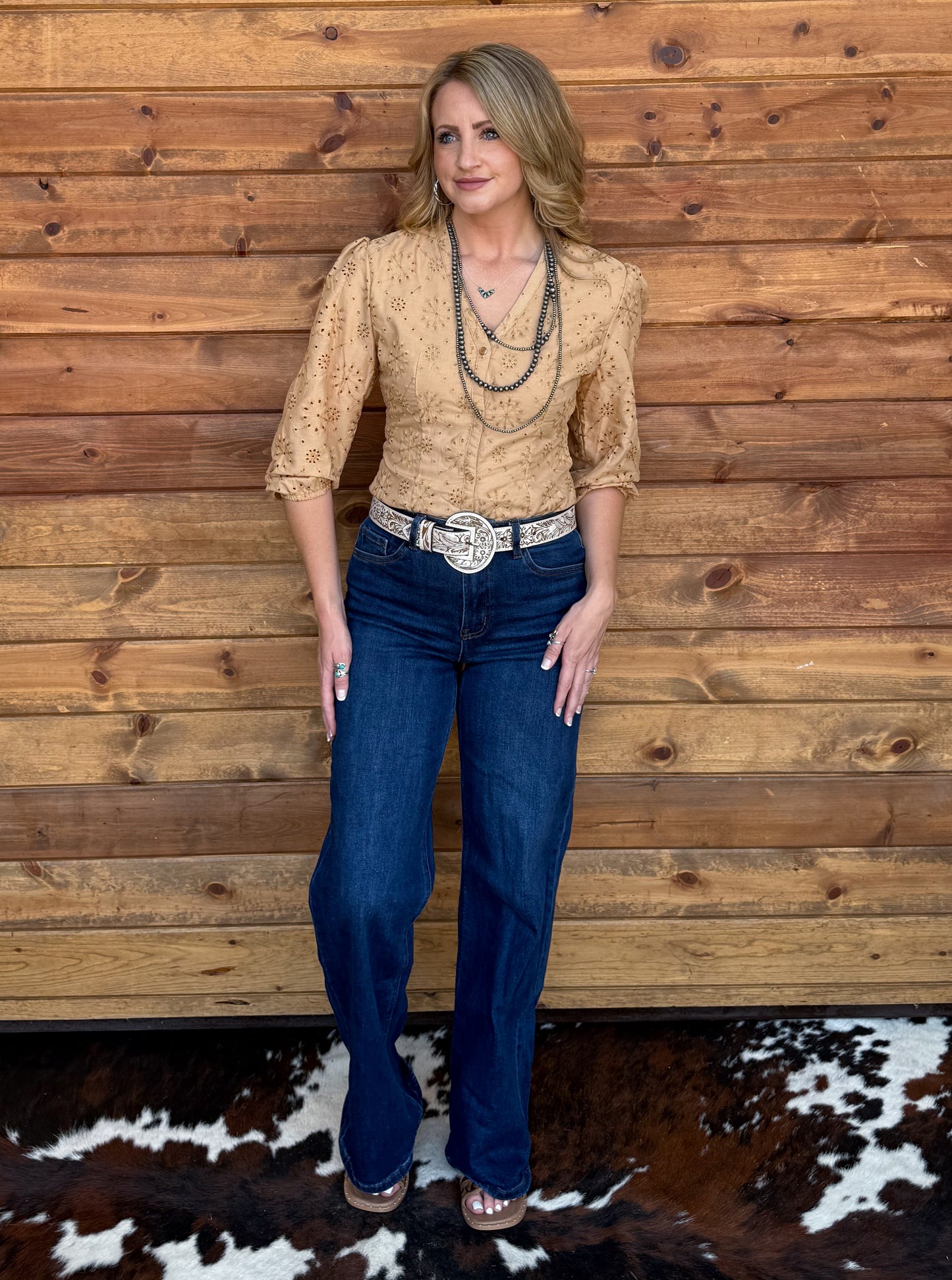 Rustic Floral Eyelet Bodysuit *Camel