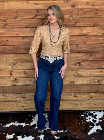 Rustic Floral Eyelet Bodysuit *Camel
