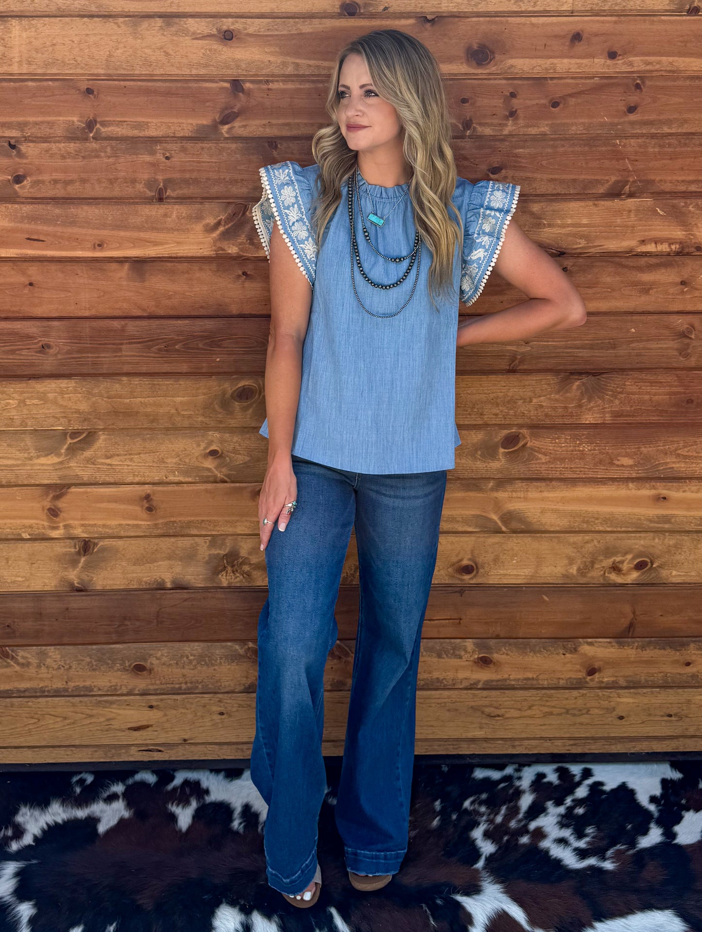 Blue Floral Embroidered Top