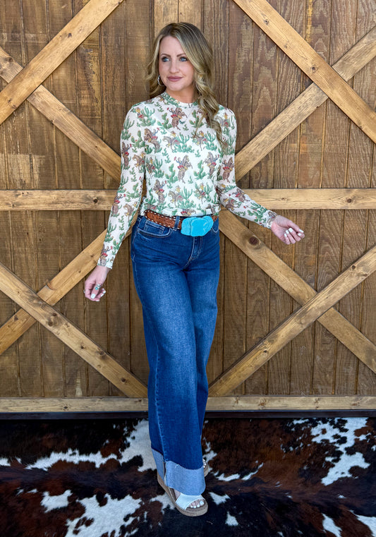 Vintage Cactus Cowboy Mesh Top