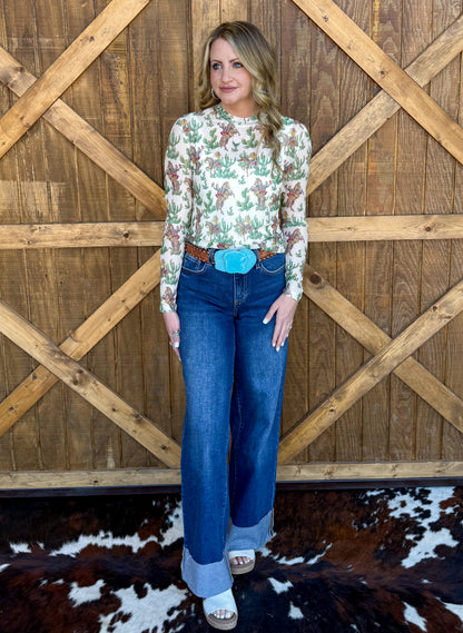 Vintage Cactus Cowboy Mesh Top