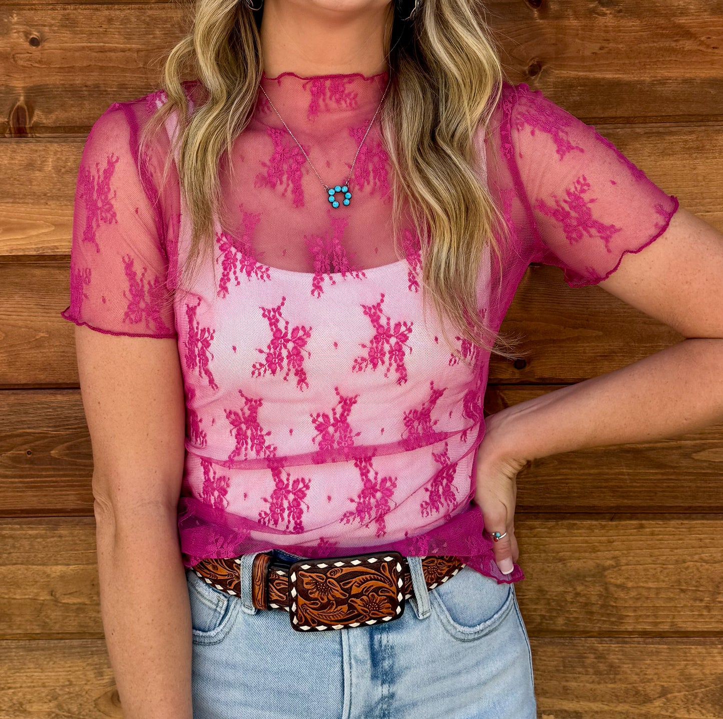 Floral Lace Mesh Top *Hot Pink