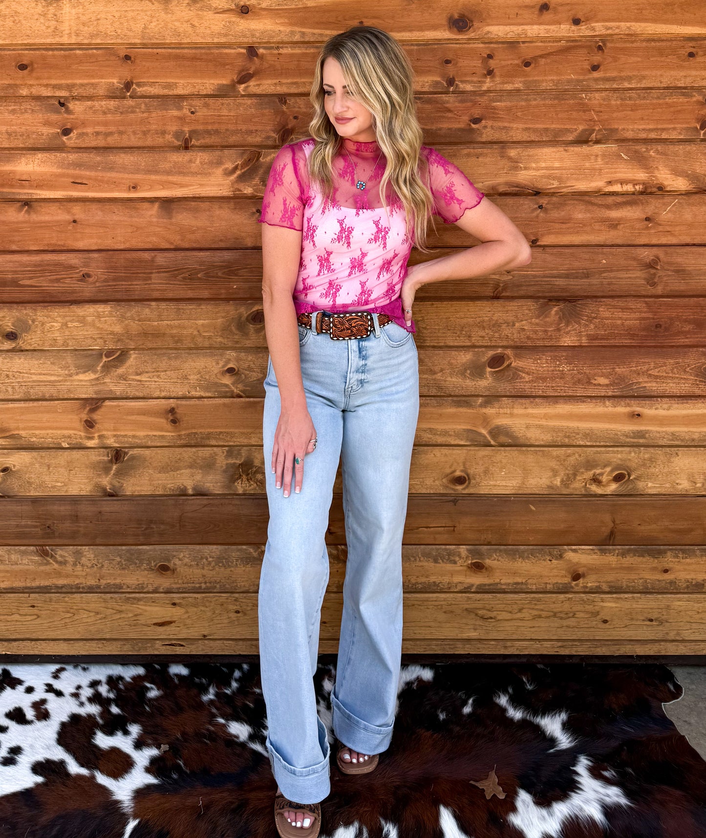Floral Lace Mesh Top *Hot Pink